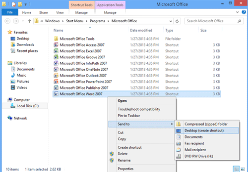 Windows 8 Program Folder, Send Shortcut to Desktop